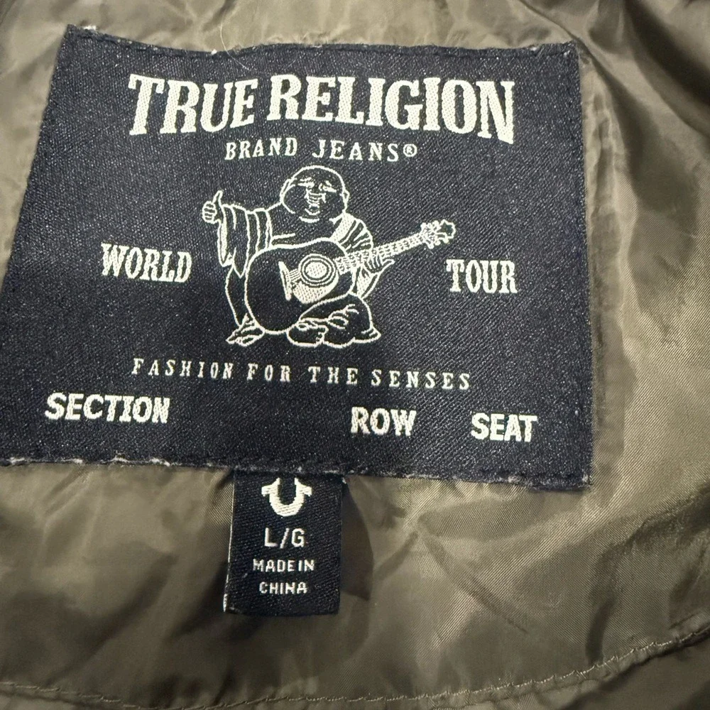 True Religion Men's Olive Green Puffer Jacket Logo Zip